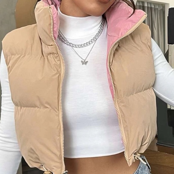 Tan & Pink Puffer Reversible Cropped Zip Vest - Picture 1 of 6